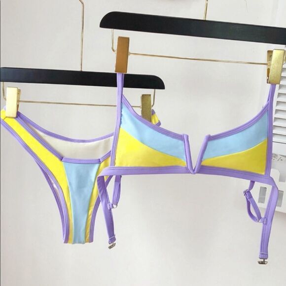 NEW! Multi Color Pastel Color Block V-Wire Front Bikini - Picture 6 of 9